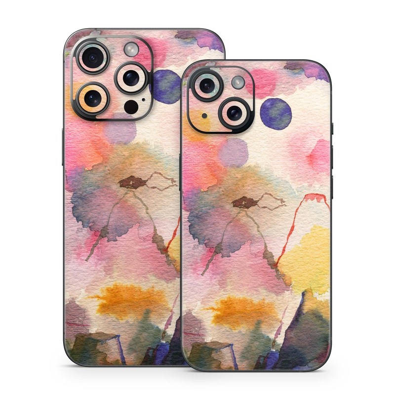 iPhone 15 Series Skin design of Watercolor paint, Flower, Textile, Painting, Art, Plant, Pattern, Visual arts, Floral design, Paint, with white, pink, red, yellow, green, blue, black, orange colors