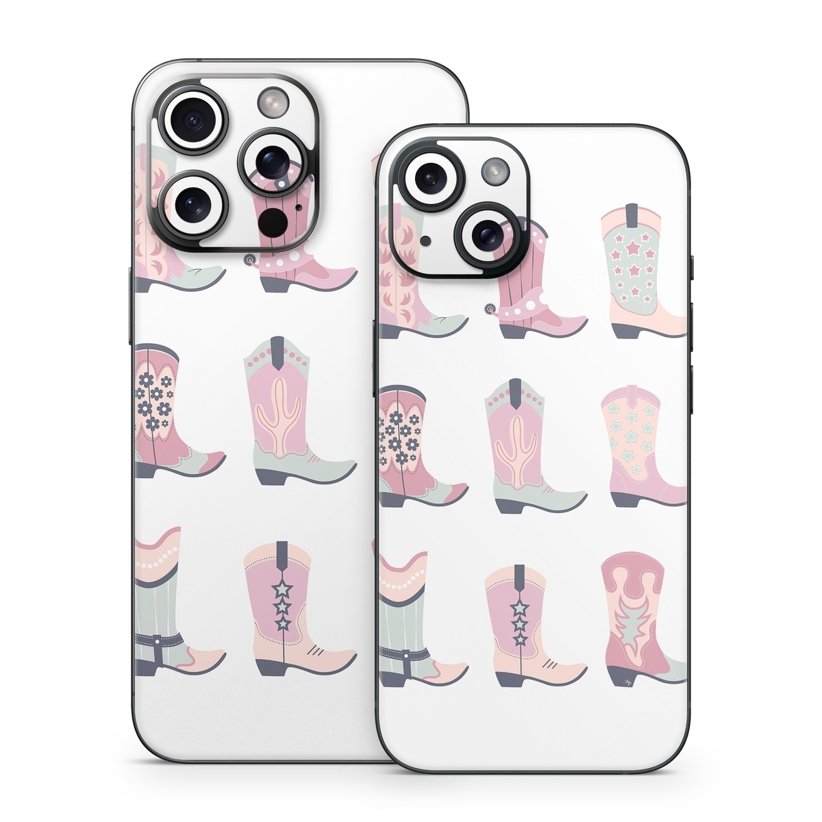 iPhone 15 Series Skin design of Footwear, Shoe, White, Durango boot, Product, Fashion, Textile, Pink, Font, Red, with pink, white, blue, brown colors
