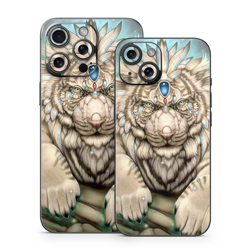 iPhone 15 Series Skin design of Mythical creature, Sleeve, Textile, Gesture, Felidae, Tattoo, Big cats, Font, Temporary tattoo, Painting, with white, blue, black, gray colors
