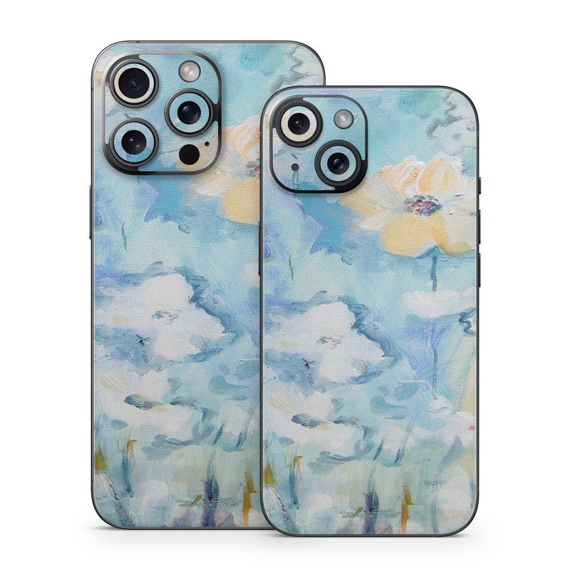 iPhone 15 Series Skin design of Blue, Watercolor paint, Painting, Flower, Plant, Art, Acrylic paint, Wildflower, Visual arts, Floral design, with gray, blue colors