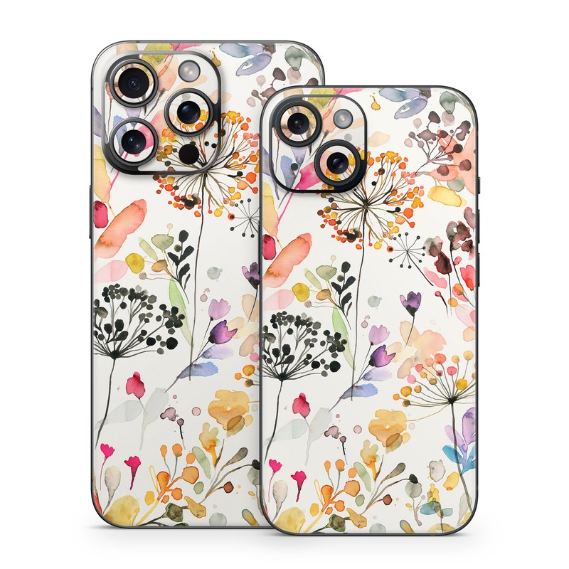 iPhone 15 Series Skin design of Flower, Petal, Rectangle, Branch, Creative arts, Plant, Line, Art, Painting, Font, with white, pink, red, yellow, orange, green, blue, purple colors