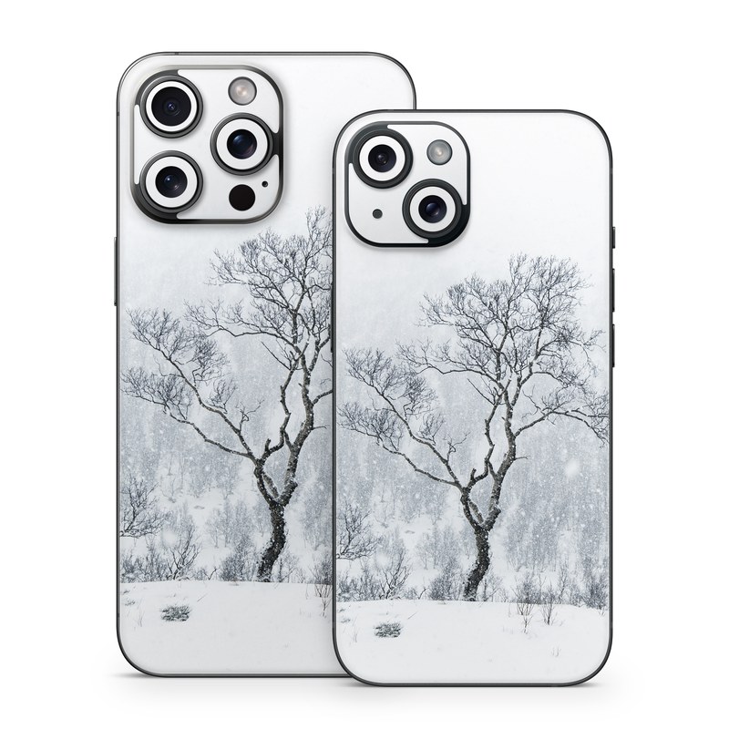 iPhone 15 Series Skin design of Snow, Winter, Tree, Nature, White, Sky, Atmospheric phenomenon, Natural landscape, Freezing, Blizzard, with white, gray, black colors