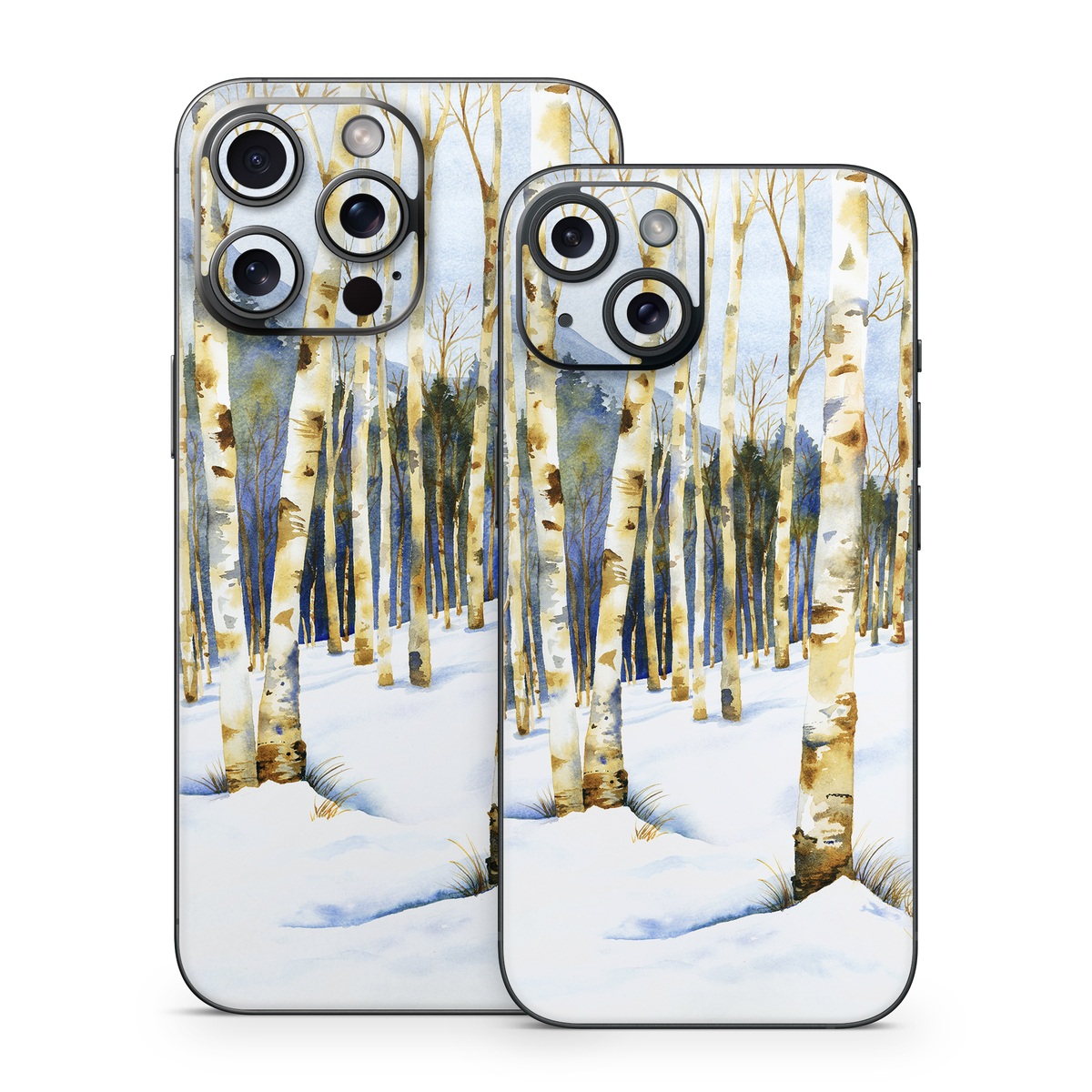 iPhone 15 Series Skin design of Tree, Snow, Winter, Canoe birch, Nature, Birch, Forest, Natural environment, Freezing, Woody plant, with white, brown, black, gray colors
