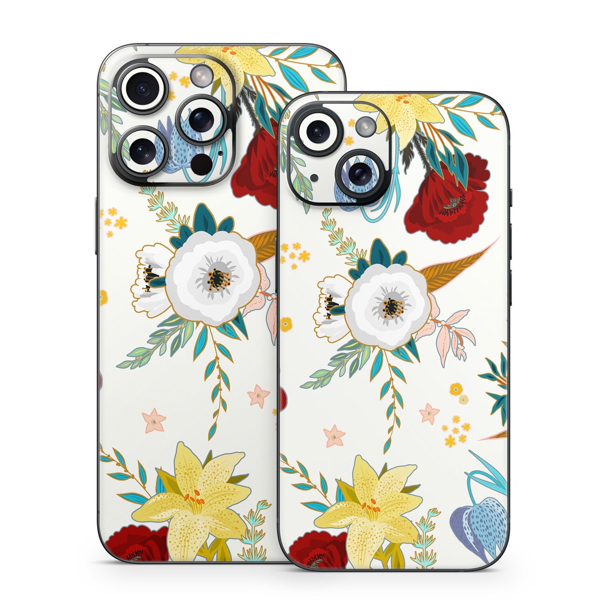 iPhone 15 Series Skin design of Floral design, Pattern, Wrapping paper, Botany, Design, Flower, Wallpaper, Plant, Clip art, Pedicel, with white, blue, red, yellow, pink, orange colors