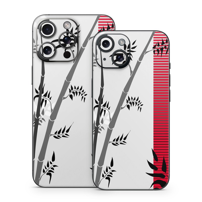 iPhone 15 Series Skin design of Botany, Plant, Branch, Plant stem, Tree, Bamboo, Pedicel, Black-and-white, Flower, Twig, with gray, red, black, white colors