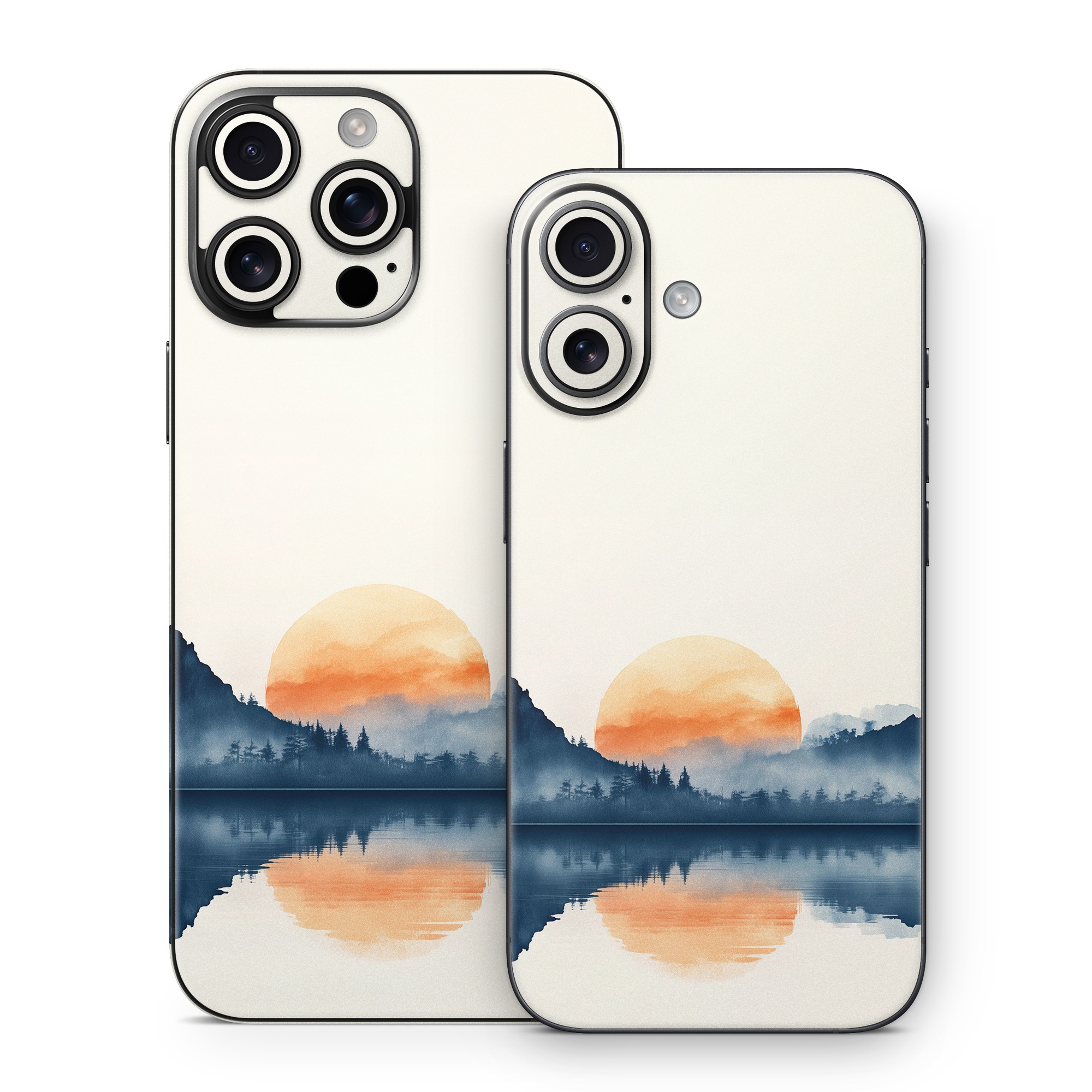 iPhone 16 Series Skin design of Water, Water resources, Sky, Mountain, Natural landscape, Lake, Atmospheric phenomenon, Landscape, Horizon, Afterglow, with black, blue, white, gray, yellow, orange, red colors
