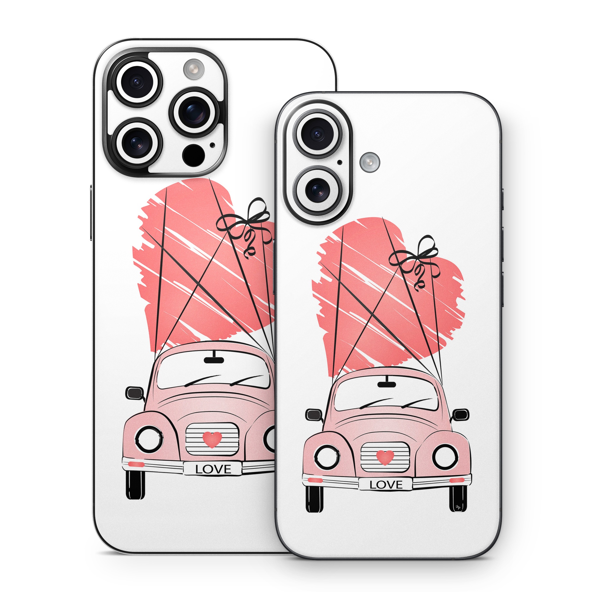 iPhone 16 Series Skin design of Land vehicle, Wheel, Vehicle, Tire, Hood, Automotive lighting, Car, Motor vehicle, Kit car, Cartoon, with white, pink, black, red colors