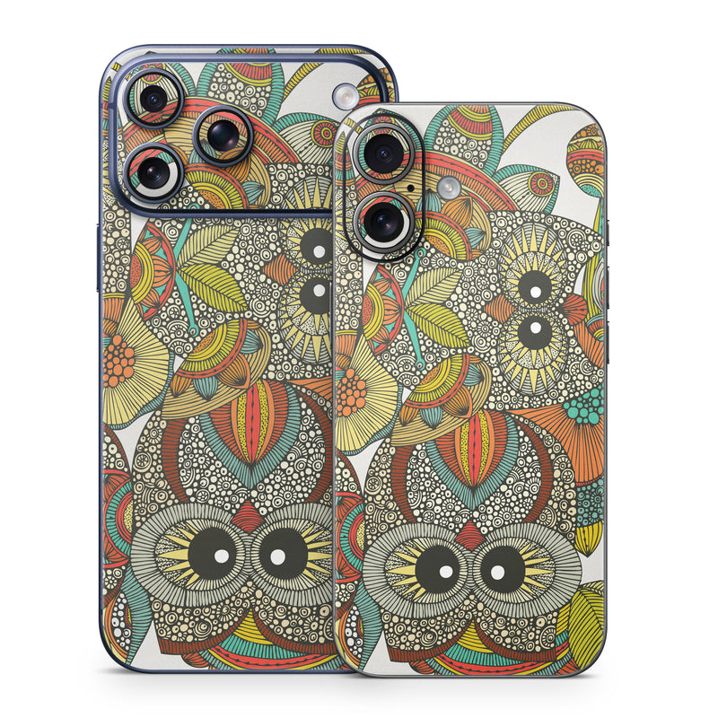 iPhone 17 Series Skin design of Owl, Pattern, Visual arts, Art, Design, Textile, Illustration, Motif, Bird, with white, green, orange, yellow, blue, red colors