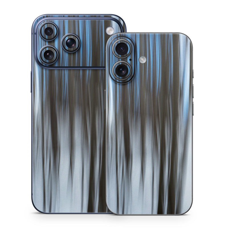 iPhone 17 Series Skin design of Water, Blue, Natural environment, Tree, Forest, Line, Waterfall, Plant, Black-and-white, Reflection, with black, white, blue colors