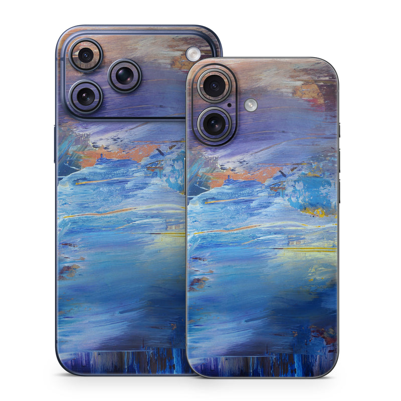 iPhone 17 Series Skin design of Painting, Blue, Modern art, Acrylic paint, Sky, Watercolor paint, Art, Visual arts, Paint, Electric blue, with blue, purple, yellow, brown, orange, black colors