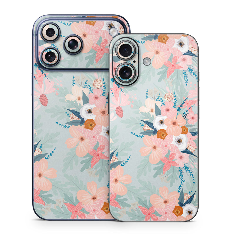 iPhone 17 Series Skin design of Pattern, Aqua, Wrapping paper, Textile, Design, Floral design, Wildflower, Plant, Pedicel, Blossom, with pink, red, blue, white colors