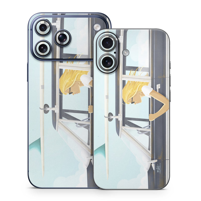 iPhone 17 Series Skin design of Vehicle door, Vehicle, Automotive exterior, Automotive design, Car, Headgear, Windshield, Dress, Automotive window part, Family car, with blue, white, gray, yellow colors