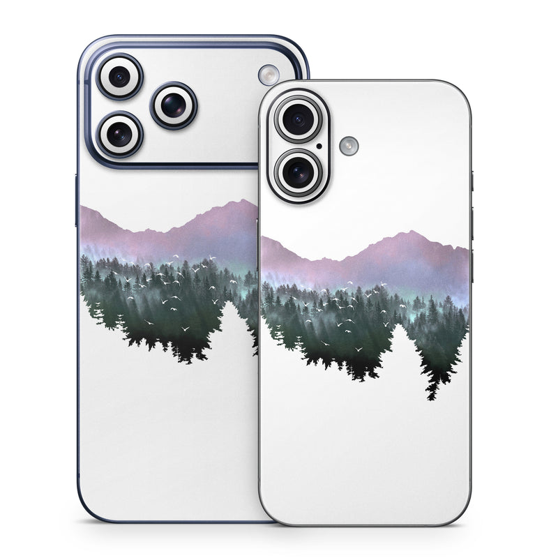 iPhone 17 Series Skin design of Nature, Mountainous landforms, Mountain, Atmospheric phenomenon, Tree, Wilderness, Sky, Mountain range, Forest, Hill, with white, black, purple, blue, green colors