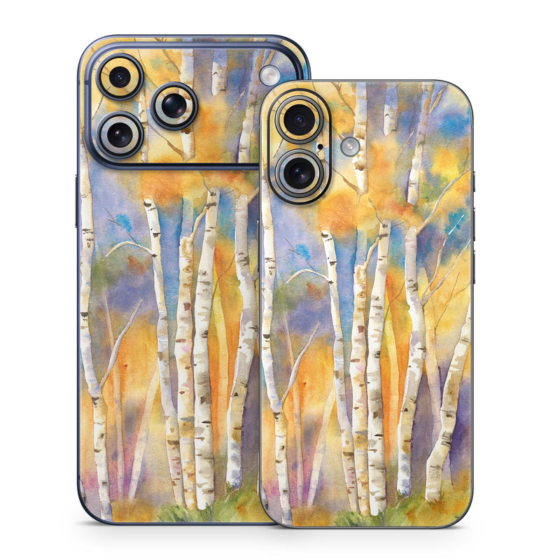 iPhone 17 Series Skin design of Canoe birch, Watercolor paint, Tree, Birch, Woody plant, Painting, Plant, Birch family, Paint, Trunk, with orange, yellow, green, white, purple, blue colors