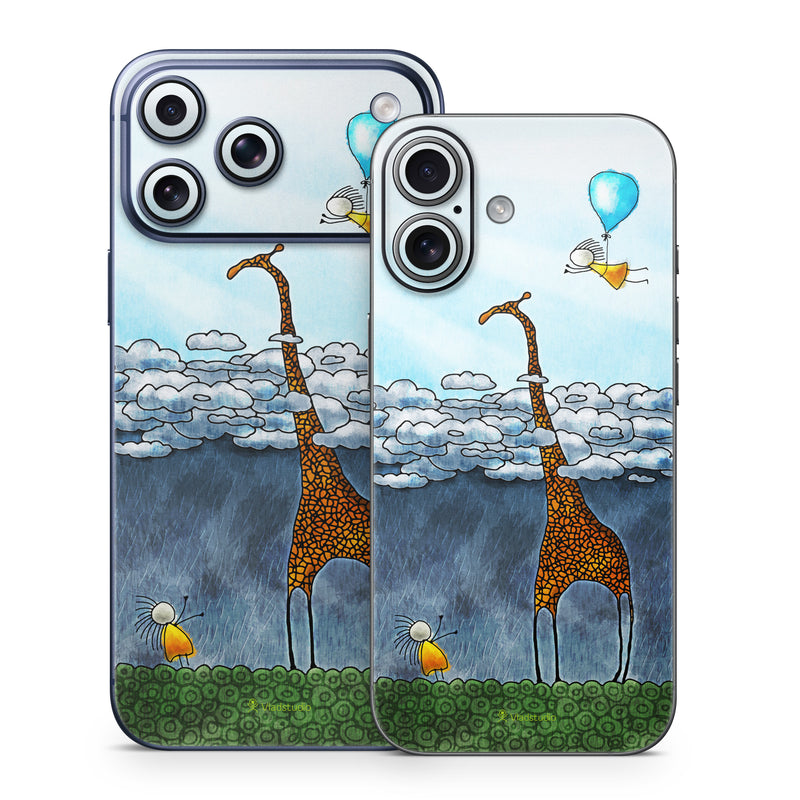 iPhone 17 Series Skin design of Giraffe, Sky, Tree, Water, Branch, Giraffidae, Illustration, Cloud, Grassland, Bird, with blue, gray, yellow, green colors
