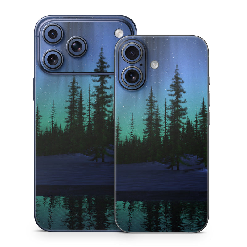 iPhone 17 Series Skin design of Aurora, Nature, Sky, shortleaf black spruce, Natural landscape, Tree, Wilderness, Natural environment, Biome, Spruce-fir forest, with blue, purple, green, black colors