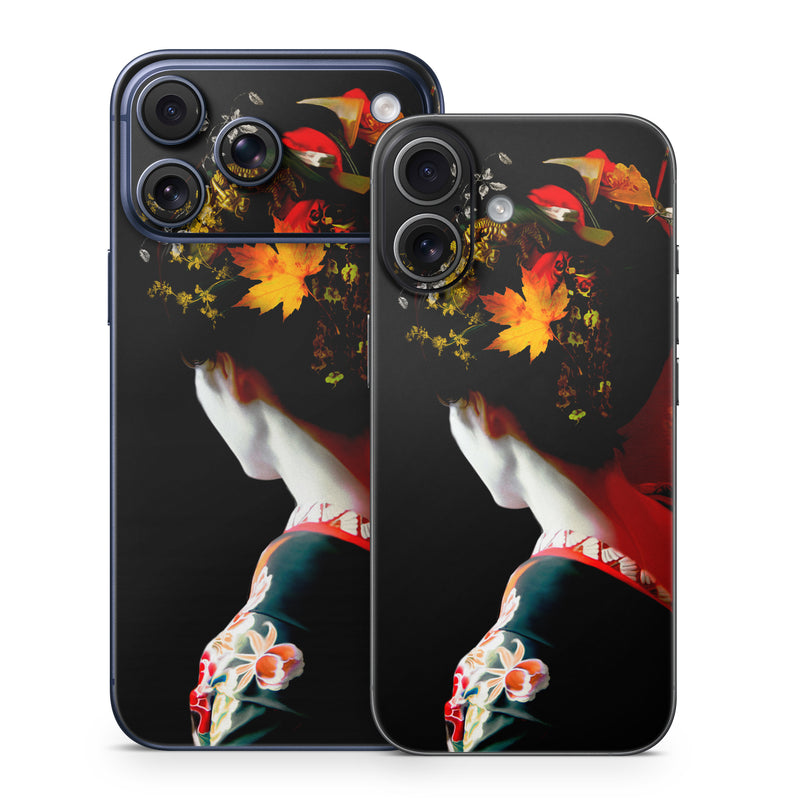 iPhone 17 Series Skin design of Geisha, Red, Flower, Plant, Headgear, Photography, Peking opera, Costume, Headpiece, Art, with black, red, orange, yellow, white colors