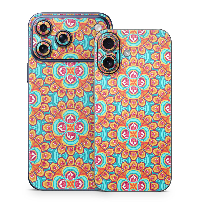 iPhone 17 Series Skin design of Pattern, Orange, Design, Textile, Wrapping paper, Visual arts, Motif, Circle, Art, with blue, orange, red, yellow colors