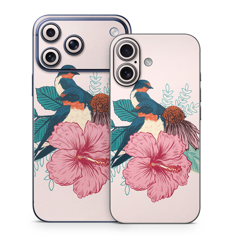 iPhone 17 Series Skin design of Bird, Hawaiian hibiscus, Hibiscus, Illustration, Chinese hibiscus, Botany, Flower, Plant, Malvales, Mallow family, with blue, pink, green, yellow, red colors