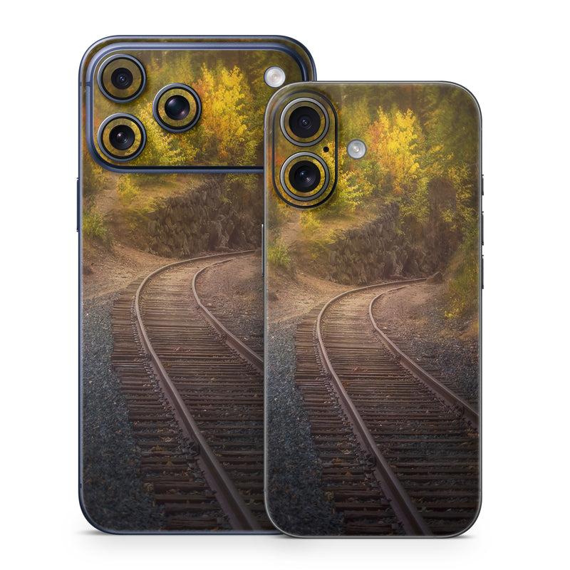 iPhone 17 Series Skin design of Plant, Wood, Branch, Natural landscape, Road surface, Track, Grass, Tree, Thoroughfare, Twig, with brown, gray, yellow, orange, green, red colors