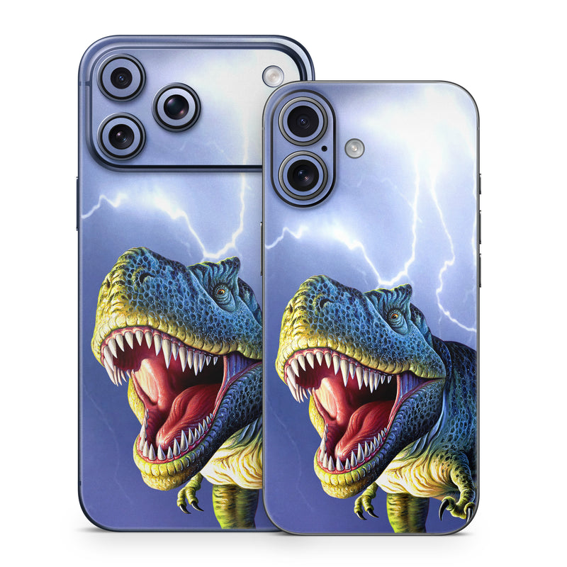 iPhone 17 Series Skin design of Dinosaur, Extinction, Tyrannosaurus, Velociraptor, Tooth, Jaw, Organism, Mouth, Fictional character, Art, with blue, green, yellow, orange, red colors