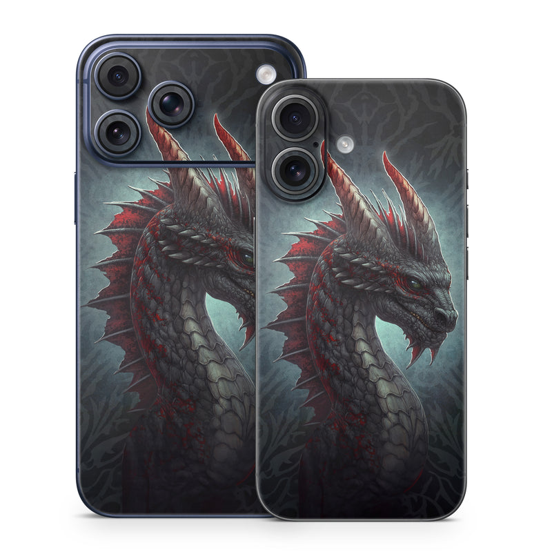 iPhone 17 Series Skin design of Dragon, Fictional character, Mythical creature, Demon, Cg artwork, Illustration, Green dragon, Supernatural creature, Cryptid, with red, gray, blue colors