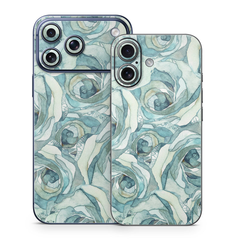 iPhone 17 Series Skin design of Rose, Garden roses, Blue, Flower, Rose family, Watercolor paint, Plant, Pattern, Rosa × centifolia, Blue rose, with blue, green colors