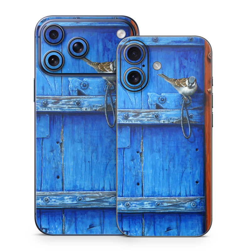 iPhone 17 Series Skin design of Blue, Wood, Door handle, Door, Wall, Door knocker, Electric blue, Still life photography, Window, Handle, with red, blue, brown colors