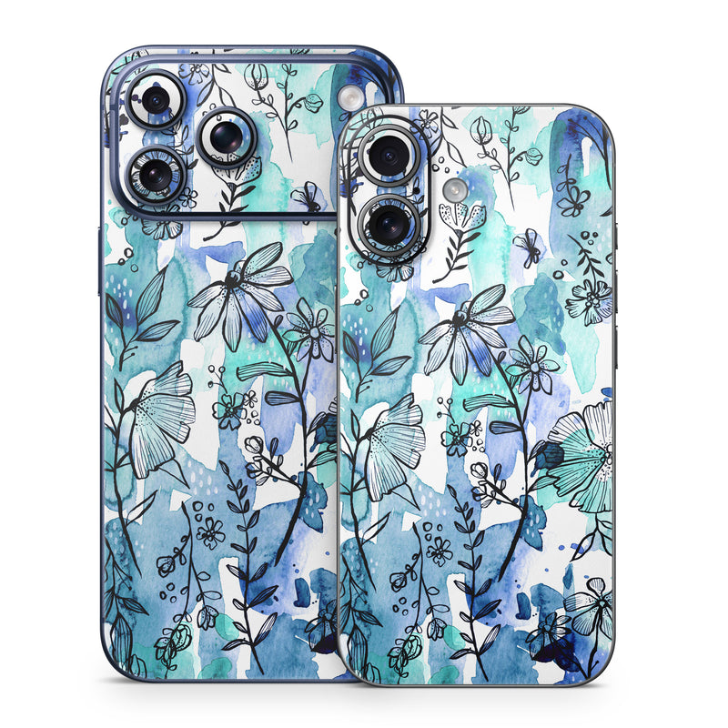 iPhone 17 Series Skin design of Blue, Pattern, Turquoise, Aqua, Design, Textile, Wildflower, Plant, Wrapping paper, Gift wrapping, with blue, white, black, purple colors