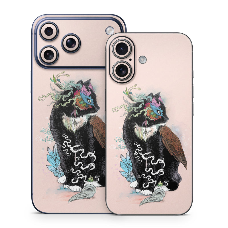iPhone 17 Series Skin design of Illustration, Owl, Art, Graphic design, Cat, Tail, with pink, black, brown, red, green colors