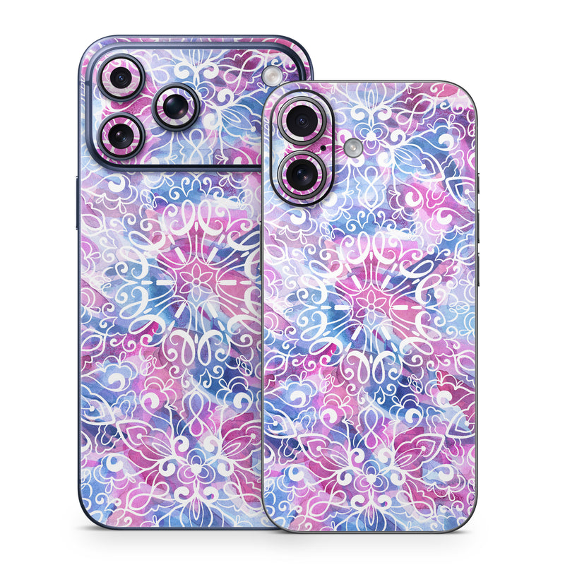 iPhone 17 Series Skin design of Pattern, Pink, Lilac, Design, Textile, Visual arts, Motif, Floral design, Plant, with blue, pink, purple, white colors