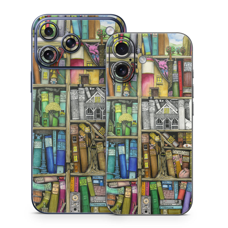 iPhone 17 Series Skin design of Collection, Art, Visual arts, Bookselling, Shelving, Painting, Building, Shelf, Publication, Modern art, with brown, green, blue, red, pink colors