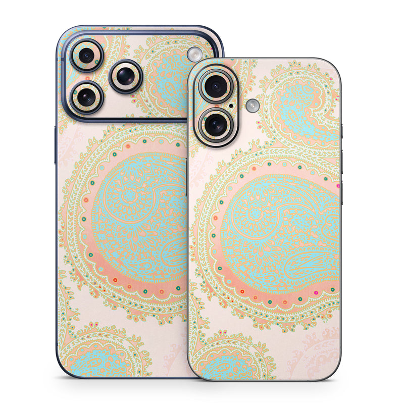 iPhone 17 Series Skin design of Pattern, Visual arts, Paisley, Pink, Design, Motif, Line, Wallpaper, Peach, with pink, blue, red colors