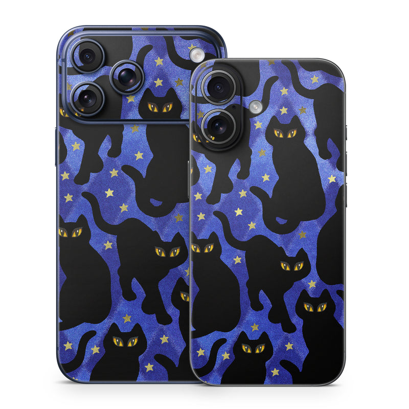 iPhone 17 Series Skin design of Black cat, Black, Cat, Small to medium-sized cats, Pattern, Felidae, Design, Electric blue, Illustration, Art, with black, blue, purple, yellow colors