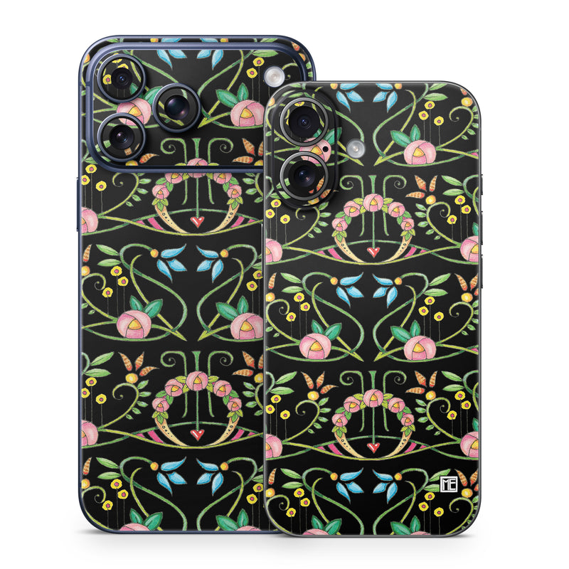iPhone 17 Series Skin design of Flower, Rectangle, Textile, Ornament, Plant, Line, Motif, Creative arts, Art, Pattern, with black, pink, blue, green, yellow colors