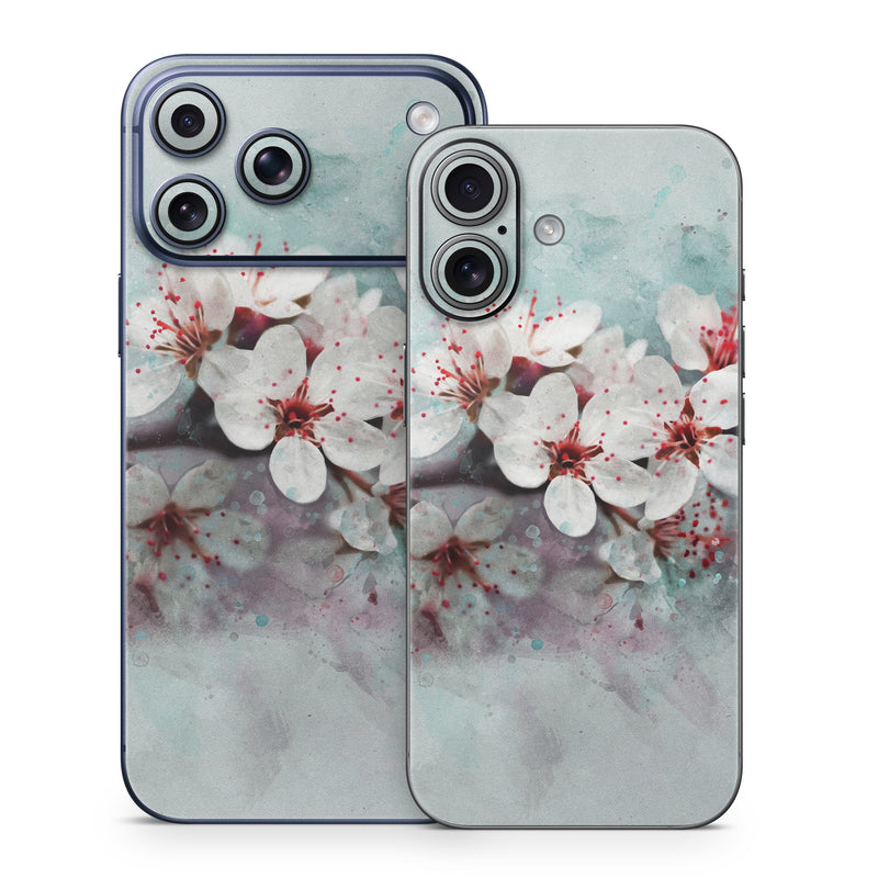 iPhone 17 Series Skin design of Blossom, Flower, Cherry blossom, Watercolor paint, Plant, Spring, Pink, Petal, Branch, Painting, with white, gray, red, pink, purple, blue colors