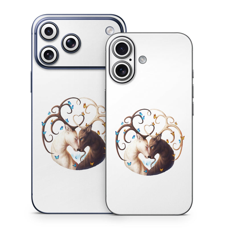 iPhone 17 Series Skin design of Gesture, Fawn, Serveware, Horn, Font, Art, Mythical creature, Dishware, Tail, Drinkware, with white, brown, blue, yellow, orange colors