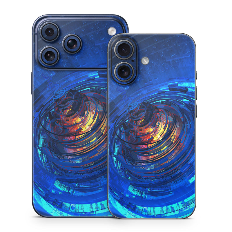 iPhone 17 Series Skin design of Blue, Water, Circle, Vortex, Electric blue, Wave, Liquid, Graphics, Pattern, Colorfulness, with blue, orange, yellow colors