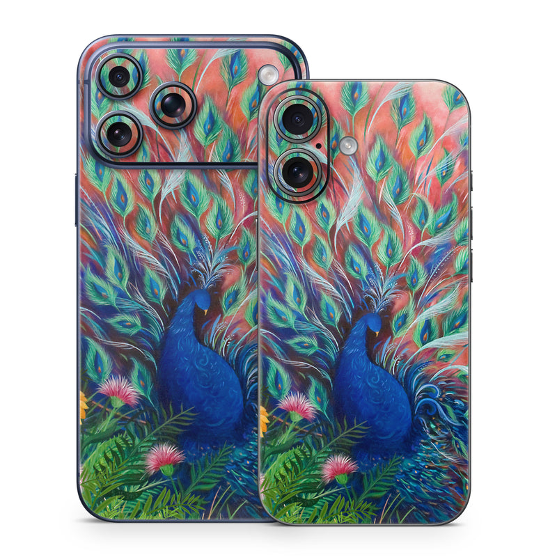 iPhone 17 Series Skin design of Painting, Acrylic paint, Bird, Child art, Art, Galliformes, Peafowl, Visual arts, Watercolor paint, Plant, with black, red, gray, blue, green colors
