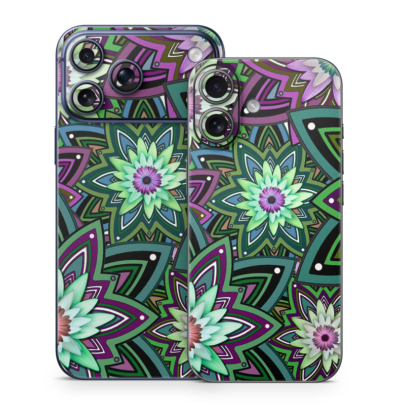 iPhone 17 Series Skin design of Pattern, Purple, Green, Flower, Psychedelic art, Design, Lilac, Plant, Symmetry, Visual arts, with black, gray, green, purple, blue, red colors
