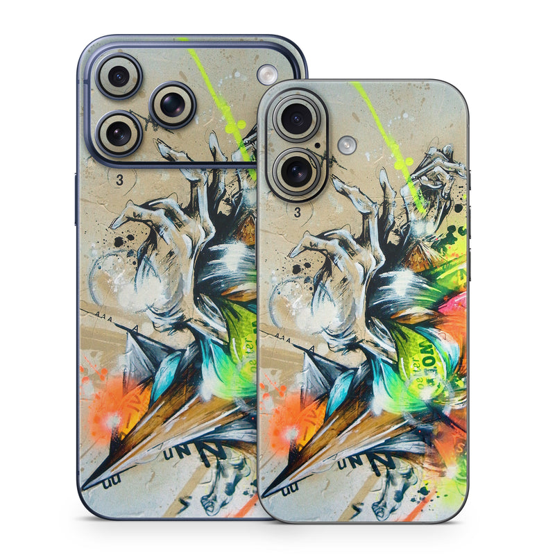 iPhone 17 Series Skin design of Graphic design, Art, Illustration, Fictional character, Visual arts, Graphics, Painting, Watercolor paint, Modern art, Games, with gray, black, green, red, orange, pink colors