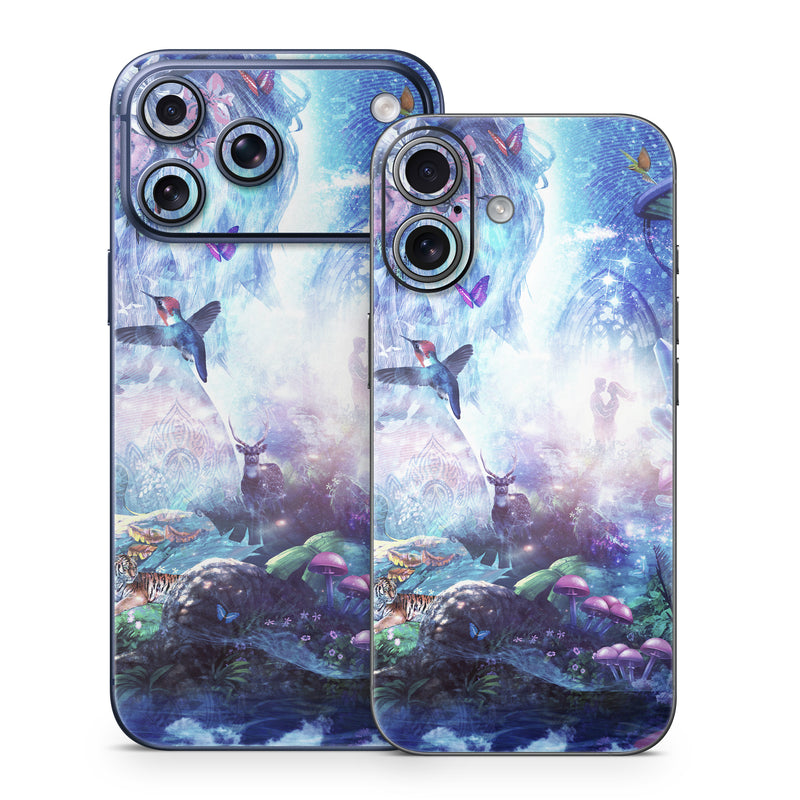 iPhone 17 Series Skin design of Man, Woman, Fictional Character, Mythology, Bird, Wing, Mythical Creature, Deer, Tiger, Mushrooms, Butterfly, with white, blue, green, red, yellow, black, purple, gray colors