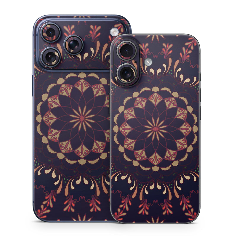 iPhone 17 Series Skin design of Pattern, Brown, Red, Symmetry, Textile, Design, Visual arts, Tapestry, Kaleidoscope, with black, red, orange, yellow, brown colors