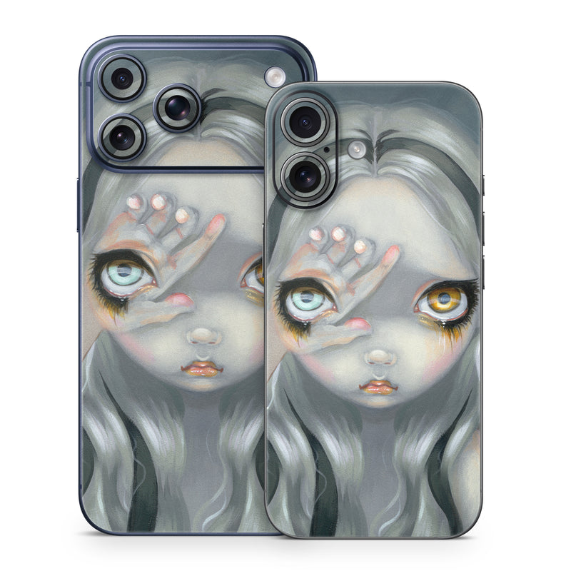 iPhone 17 Series Skin design of Face, Head, Cg artwork, Eye, Illustration, Organ, Fictional character, Art, Iris, Darkness, with black, gray, blue, green colors