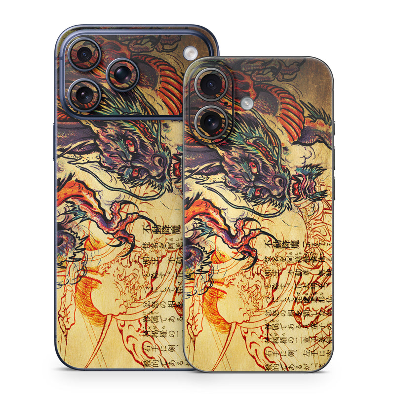 iPhone 17 Series Skin design of Illustration, Fictional character, Art, Demon, Drawing, Visual arts, Dragon, Supernatural creature, Mythical creature, Mythology, with black, green, red, gray, pink, orange colors