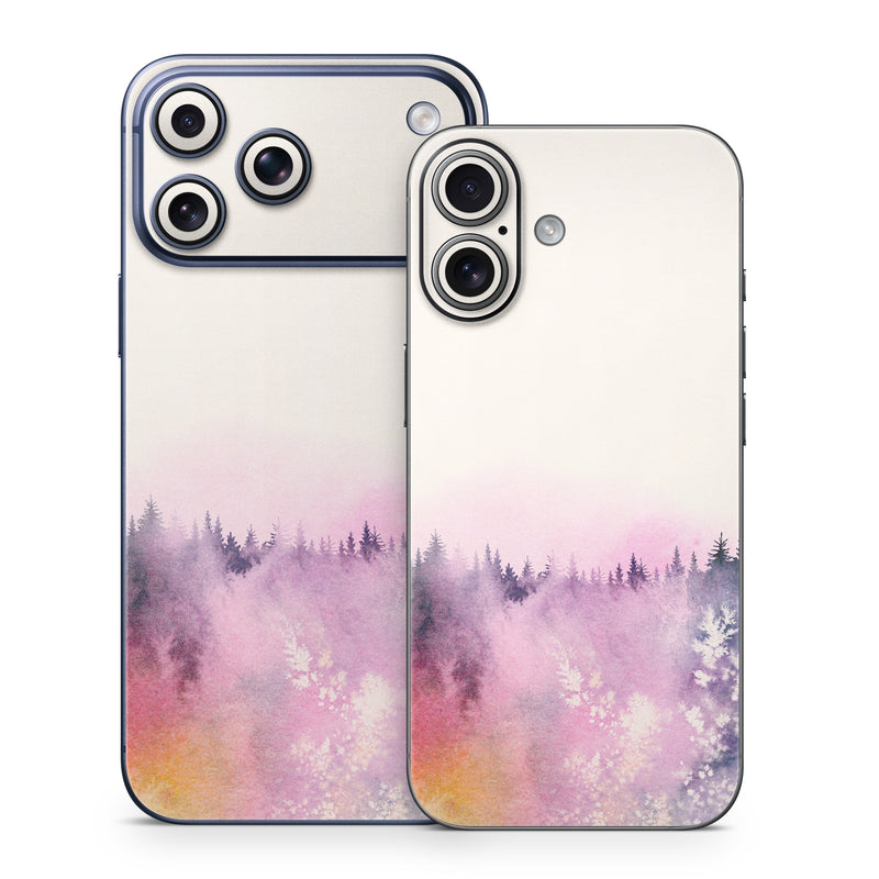 iPhone 17 Series Skin design of Watercolor paint, Sky, Atmospheric phenomenon, Tree, Atmosphere, Cloud, Landscape, Forest, Painting, Illustration, with white, yellow, pink, purple, blue, black colors