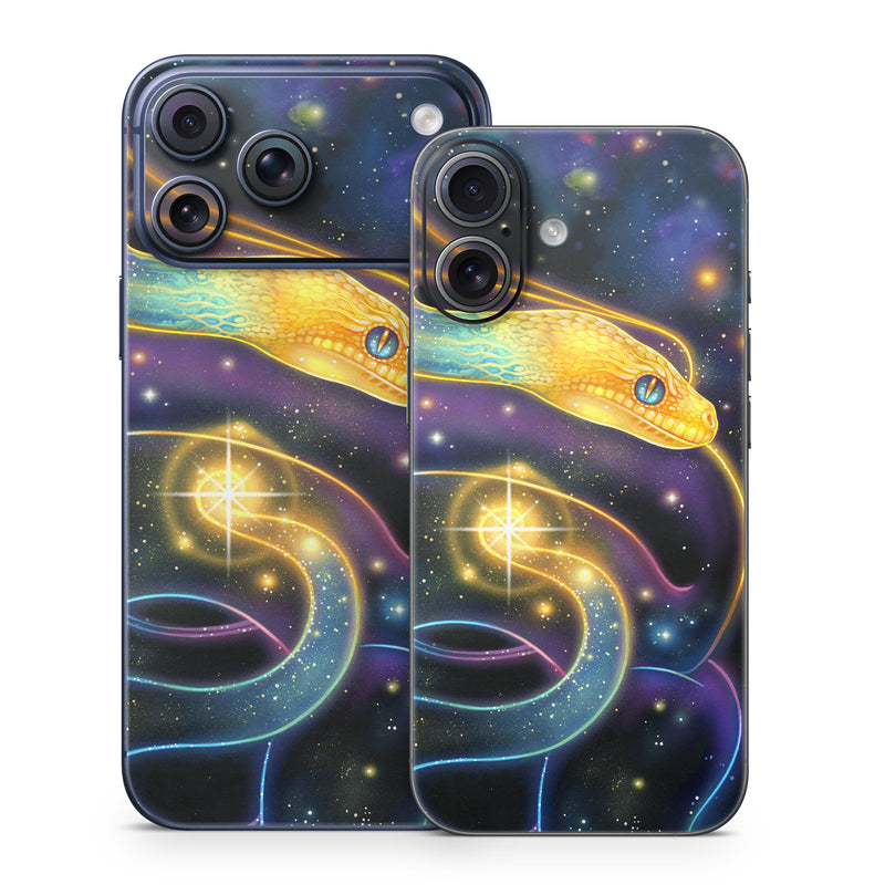 iPhone 17 Series Skin design of Atmosphere, Light, Organism, Art, Font, Astronomical object, Galaxy, Star, Science, Nebula, with black, white, yellow, orange, green, purple colors