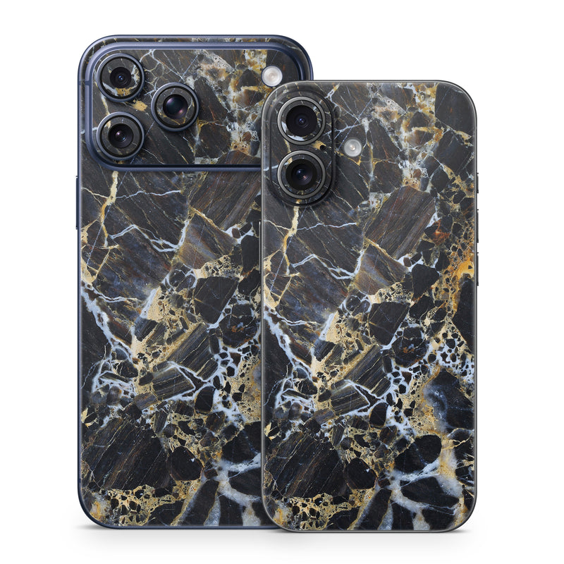 iPhone 17 Series Skin design of Black, Yellow, Rock, Brown, Marble, Water, Close-up, Granite, Pattern, Geology, with black, white, orange, gray, yellow colors