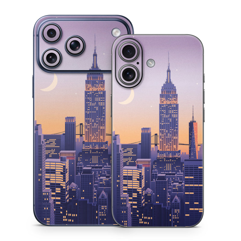 iPhone 17 Series Skin design of Skyscraper, Building, Sky, Atmosphere, Moon, World, Nature, Tower, Afterglow, Dusk, with blue, purple, yellow, orange colors