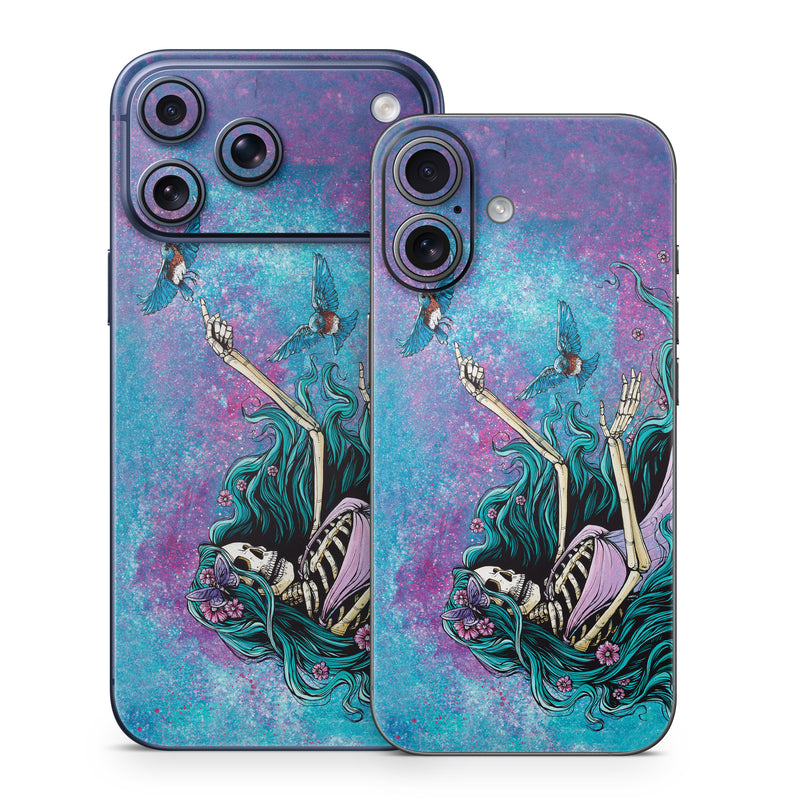 iPhone 17 Series Skin design of Green, Purple, Painting, Paint, Art, Cg artwork, Mythical creature, Musical instrument, Graffiti, Artist, with blue, purple, white, gray, brown colors